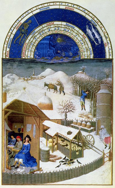 2月のファクシミリ：農家のいる農場のシーン、「 &39;Tres Riches Heures du Duc de Berryから&39;からコピー（オリジナルは8434を参照） 作： Limbourg Brothers
