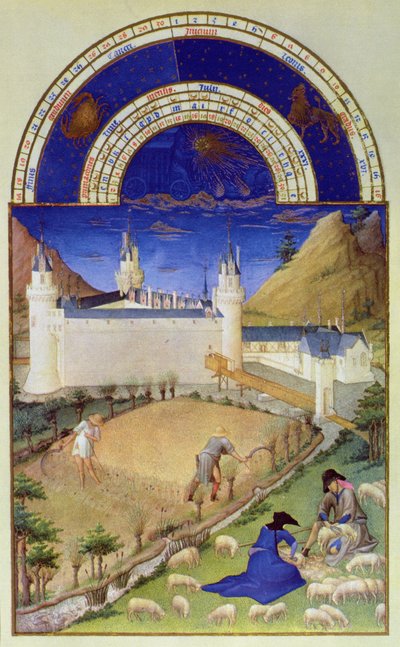 7月のファクシミリ：収穫と羊の剪断、「Tres Riches Heures du Duc de Berry」から（原文は8439を参照） 作： Limbourg Brothers