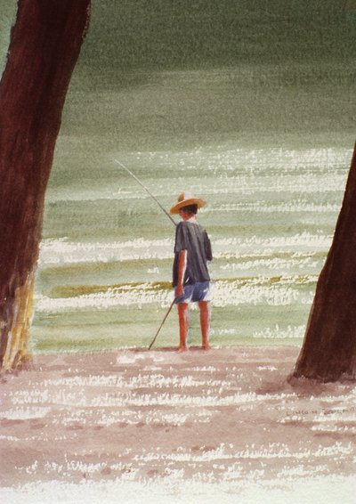 Henry Fishing、1990（紙にアクリル） 作： Lincoln Seligman