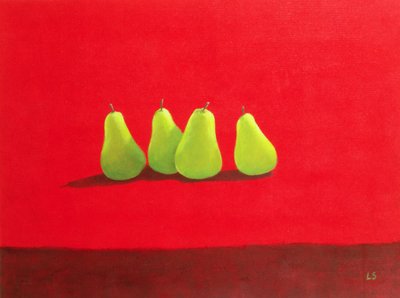 赤い布の上の梨 作： Lincoln Seligman