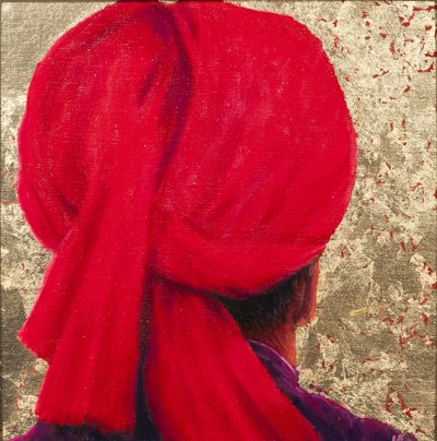 金箔の赤いターバン、2014年（金箔のキャンバスに油彩） 作： Lincoln Seligman