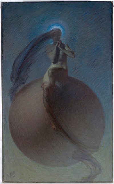 ""La quete"" (The Quest) 夢のような表現、地球上に配置された女性のシルエット - 1905年頃のLindsay Bernard Hall (1859-1935) による絵画 - キャンバスに油彩 Dim 154x94.5 cm オーストラリア国立美術館、キャンベラ 作： Lindsay Bernard Hall