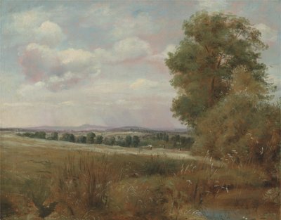 遠くにハローがあるハムステッドの風景、c.1849-55（キャンバスに油彩） 作： Lionel Constable