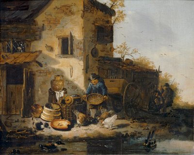 ニワトリに餌をやる農夫... 作： Lionel Hamilton-Renwick