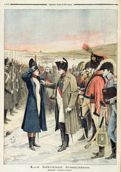 ナポレオンボナパルト（1769-1821）が戦場でメダルを贈った女性将校のマリーシェリンクを発表、1894年9月の「ルプチジャーナル」のイラスト 作： Lionel Noel Royer
