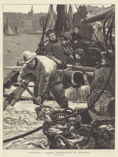 ブローニュでフランスのニシンボートを降ろす 作： Lionel Percy Smythe