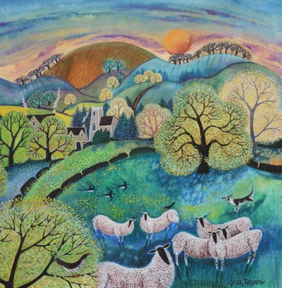 羊の放牧、2021年（紙にアクリル） 作： Lisa Graa Jensen