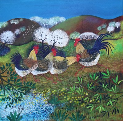 Rollicking Roosters, 2024（アクリル、リネン） 作： Lisa Graa Jensen