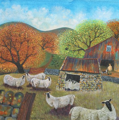 羊小屋、2022年（リネンにアクリル） 作： Lisa Graa Jensen