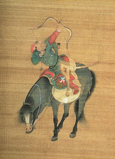 クブライ・カーン（1214-94）狩猟（詳細）、元王朝（絹のインクと色）（150417を参照） 作： Liu Kuan tao
