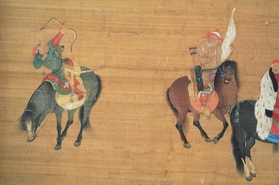 クブライ・カーン（1214-94）狩猟（詳細）、元王朝（絹のインクと色）（150417を参照） 作： Liu Kuan tao