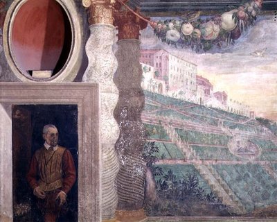 メインサロン、ヴィラ・デステと戸口の男を描いた装飾の詳細 作： Livio Agresti