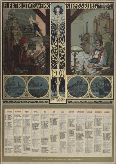 発電所ストラスブール。 1907 年、1906 年のカレンダー。 作： Léo Schnug