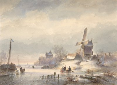 凍った川のある冬の風景、19世紀 作： Lodewijk Johannes Kleijn