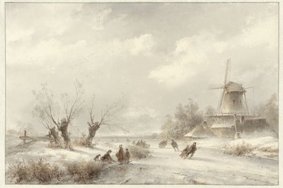風車でスケーターと冬の風景 作： Lodewijk Johannes Kleijn
