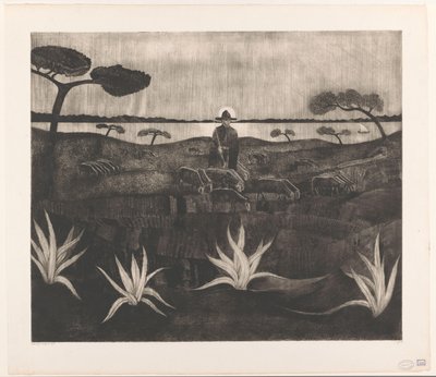 丘陵の風景の中で羊の群れを持つ羊飼い ル・トルポー（原題） 作： Lodewijk Schelfhout (signed by artist)