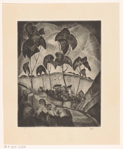 丘陵の風景の中の湖 Le Lac (原題) 作： Lodewijk Schelfhout (signed by artist)