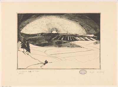 丘陵地に昇る太陽または沈む太陽 La Bruyère (オブジェクトの元のタイトル) 作： Lodewijk Schelfhout (signed by artist)