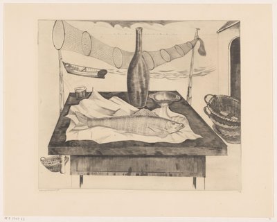 魚、瓶、漁網のある静物 Après la pêche (原題) 作： Lodewijk Schelfhout (signed by artist)