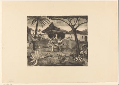 庭で男を運ぶ二人の男 作： Lodewijk Schelfhout (signed by artist)