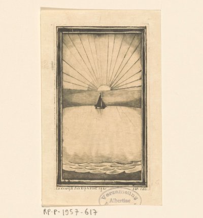 日の出または日の入りの海での帆船 作： Lodewijk Schelfhout (signed by artist)