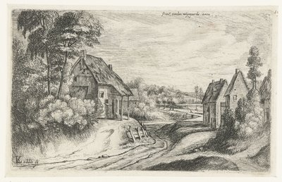 道路沿いに 2 つの農場がある風景 作： Lodewijk de Vadder