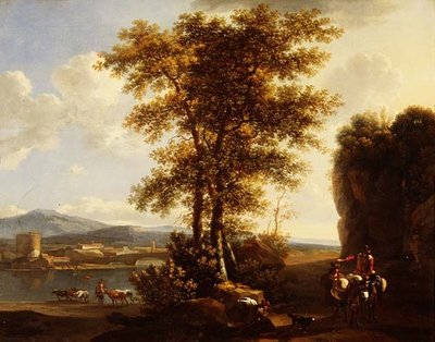 道を行く旅人、牛を連れた牧童、その向こうにある町を描いたイタリアの森の川の風景。 作： Lodewyck van Ludick