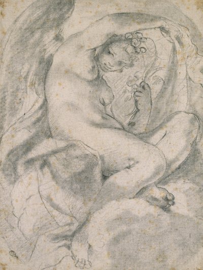 雲の中のニンフ（フローラ）（オフホワイトの紙に切り株が入った黒いチョーク） 作： Lodovico Carracci