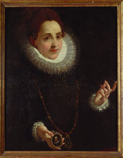 紳士の肖像ミニチュアを保持している女性の肖像 作： Lodovico Carracci