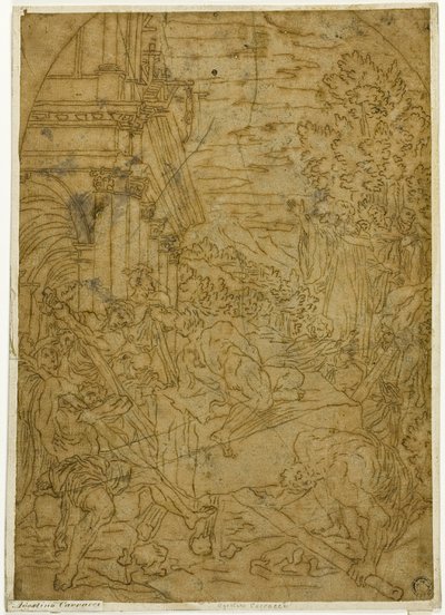 悪魔が動かなくした石を動かす聖ベネディクト 作： Lodovico Carracci