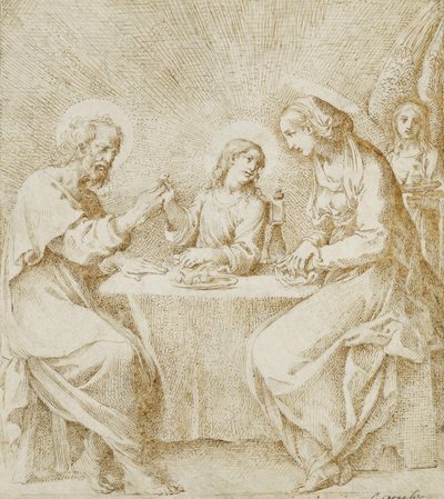 天使が出席するテーブルに着席した幼児のキリスト、聖母と聖ヨセフ、 作： Lodovico Carracci