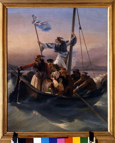 オスマン帝国の支配とギリシャ独立戦争 (1821-1830) またはギリシャ革命の後、ギリシャのアレゴリー号に乗って独立に向かって行進するギリシャ人。 ルドヴィコ・リッパリーニ (1800-1856) による絵画 1848 ヴェローネ 作： Lodovico Lipparini
