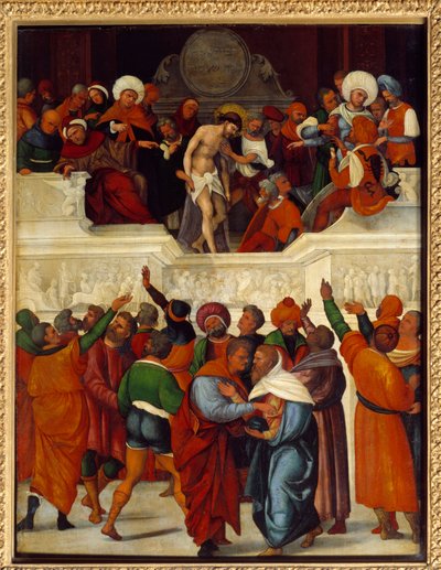 Ecce gay（ここにその人あり）（ヨハネの福音書のヴルガタ訳（19:5）でポンティウス・ピラト（Pontius Pilatius）がイエスに殴られた群衆といばらの冠を差し出したときに使った表現）。ルドヴィコ・マッツォリーノの木画（1480年頃～頃 作： Lodovico Mazzolino