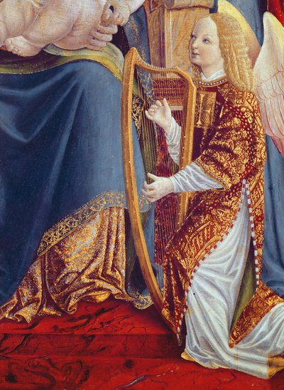マドンナと子供とエンジェルミュージシャン、ハープを弾くエンジェルミュージシャンの詳細、c.1490-1500（パネル上のテンペラ） 作： Lombard School