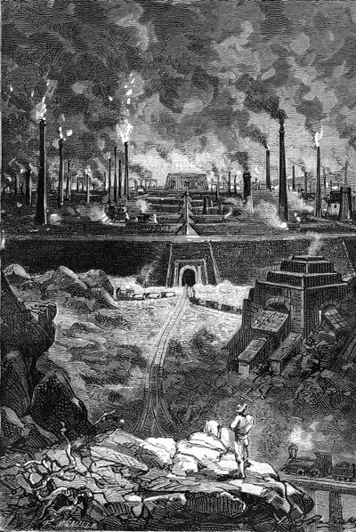 ジュール・ヴェルヌ「ベガムの5億」（ヘッツェル版／1879年刊）より、レオン・ベネットによるドローイング。巨大な工場群（高炉、製鉄所）、「鉄鋼都市」の眺め。 作： Léon Benett