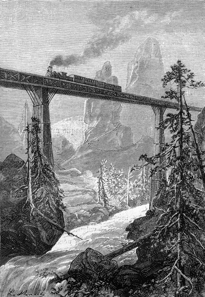ジュール・ヴェルヌ「ベガムの5億」（ヘッツェル版／1879年刊）より。激流のある山の風景の中、大胆な橋の上を通過する蒸気機関車。 作： Léon Benett