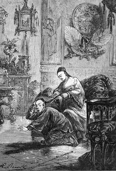 ジュール・ヴェルヌの著書『中国におけるある中国人の苦難』（ヘッツェル版／1879年刊）より。 作： Léon Benett