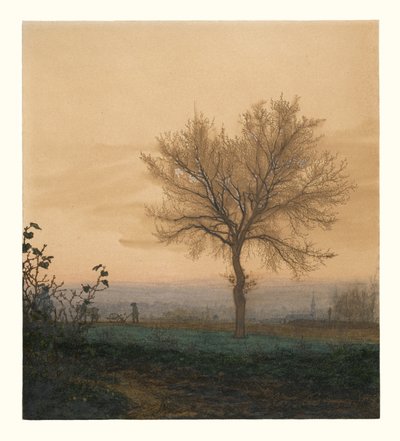 裸の木と耕作者のいる風景 作： Léon Bonvin