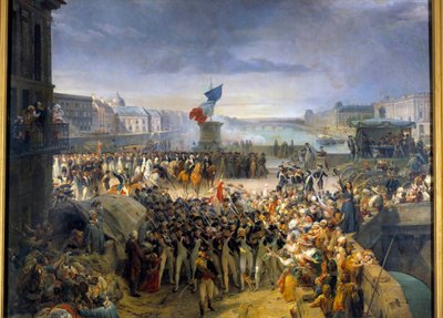 ポンヌフに集結したパリの国民衛兵は、1792年9月に軍隊に出発した。レオン・コグニェ（1794-1880）による絵画 作： Léon Cogniet