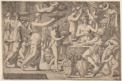 キューピッドと三美神に仕える金星と火星 作： Léon Davent, after Luca Penni