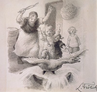 醜いアヒルの子、ハンス・クリスチャン・アンデルセン（1805-1875）のおとぎ話のためにローレンツ・フロリッヒ（1820-1908）が描いたイラスト。 作： Lorens Frolich