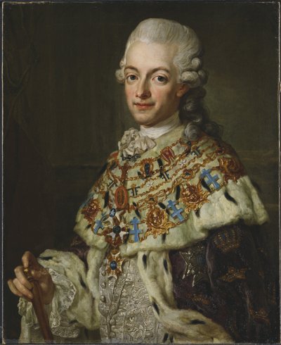 Gustave III de Suede - スウェーデン王グスタフ3世（1746-1792）の肖像画、パッシュ、ローレンツ、ザ・ヤング（1733-1805）によるもの。キャンバスに油彩、1773年頃サイズ：77x62cmストックホルム国立博物館 作： Lorens the Younger Pasch