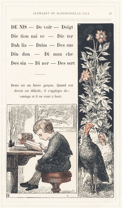 Denis, Duty, Finger, Dictionary, Dicter, Dahlia, Suede, Top, Turkey, Sunday, Drawing, Dinner, Dessert, page 17 - Alphabet by Mademoiselle Lili, by L. Froelich and by a dad (Hetzel himself).J.ヘッツェル＆Ci図書館＆教育＆レクリエーション雑誌 作： Lorentz Froelich