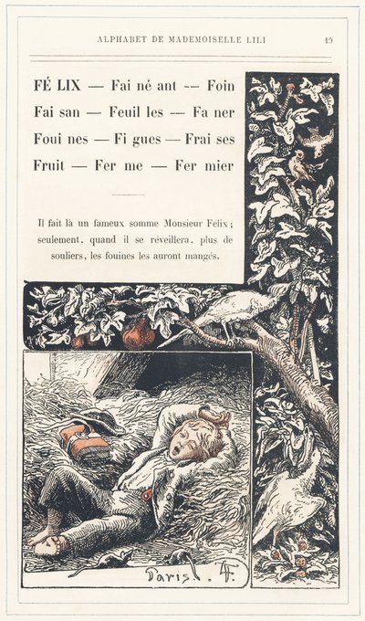 Felix, Lay, Hay, Pheasant, Leaves, Faner, Weasels, Fig, Strawberries, Fruit, Farm, Farmer, page 19 - Mademoiselle Liliによるアルファベット、L. Froelichによるアルファベット、父親（Hetzel自身）によるアルファベット。J.ヘッツェル＆シエ、パリ、教育＆レクリエーション図書館＆雑誌 作： Lorentz Froelich