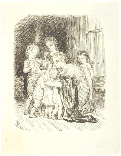 ひざまずいて子供たちのグループを自分の周りに集める母親 作： Lorenz Frølich