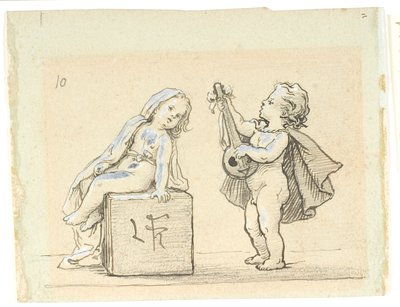 女の子のためにマンドリンを弾く男の子とのビネット 作： Lorenz Frølich