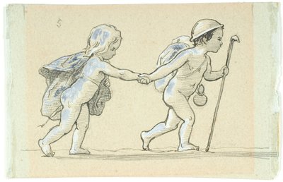 歩いている男の子と女の子が手を繋いでいるビネット 作： Lorenz Frølich