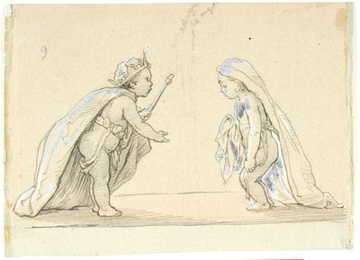 王様と若い花嫁に扮した 2 人の子供とのビネット 作： Lorenz Frølich