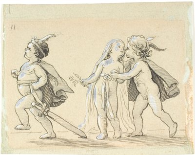 3 人の子供を持つビネット。 走る男の子と男の子と女の子が抱き合う 作： Lorenz Frølich