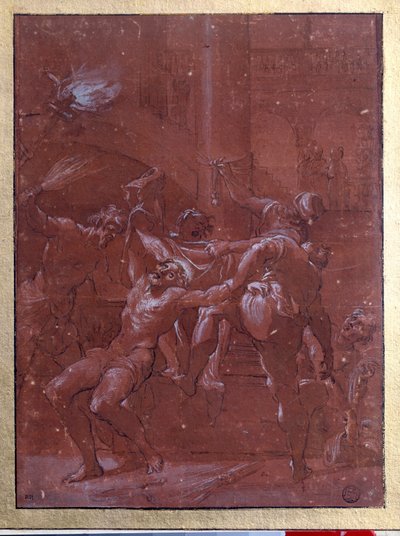 キリストの鞭打ち ロレンツォ・ガルビエリ・ディット・イル・ネポテ（1580-1654）による茶色のインクと水彩によるドローイング。ルーヴル美術館 作： Lorenzo  Garbieri